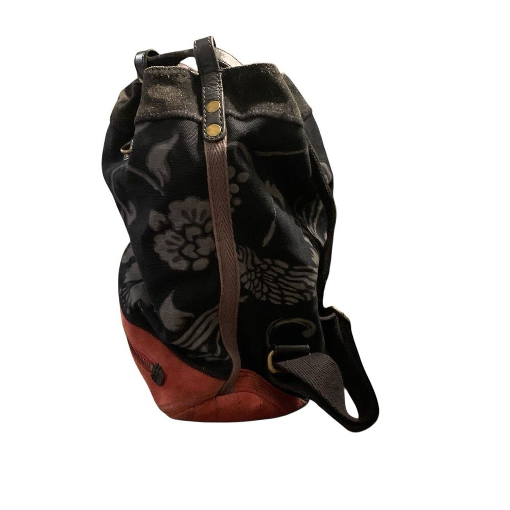 VTG Lucky Brand Leather Canvas Backpack Bag Floral Black Red Y2K Boho Drawstring - Picture 6 of 16
